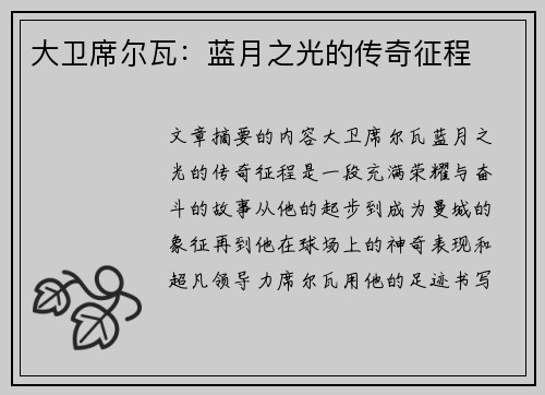 大卫席尔瓦：蓝月之光的传奇征程